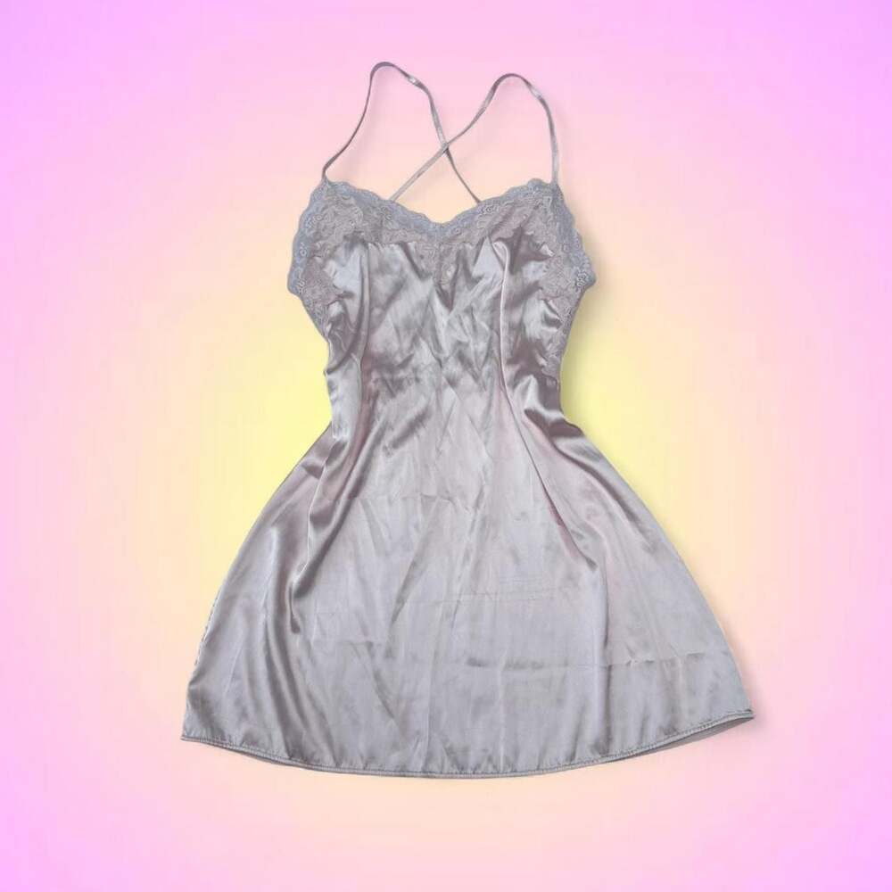 Vintage Lace Trim Satin Chemise Slip Dress Pink